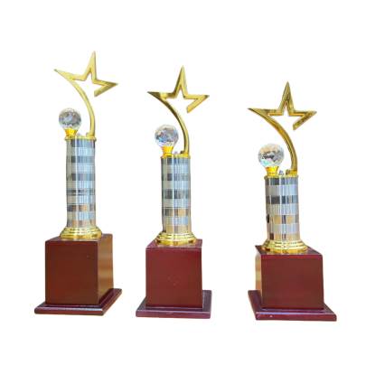 Star Cut Diamond Trophy/Premium Metal Crystal Trophy With Wooden Base/Corporate Trophy